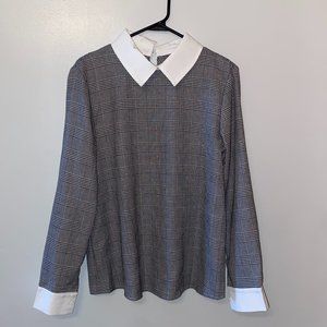 Black and White Plaid Blouse With White Collar